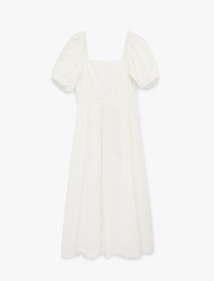  Pamuklu Kare Yaka Kısa Balon Kollu Midi Elbise