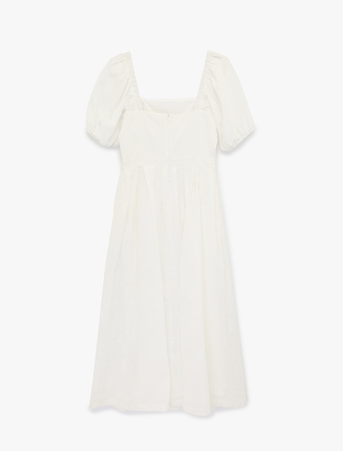  Pamuklu Kare Yaka Kısa Balon Kollu Midi Elbise