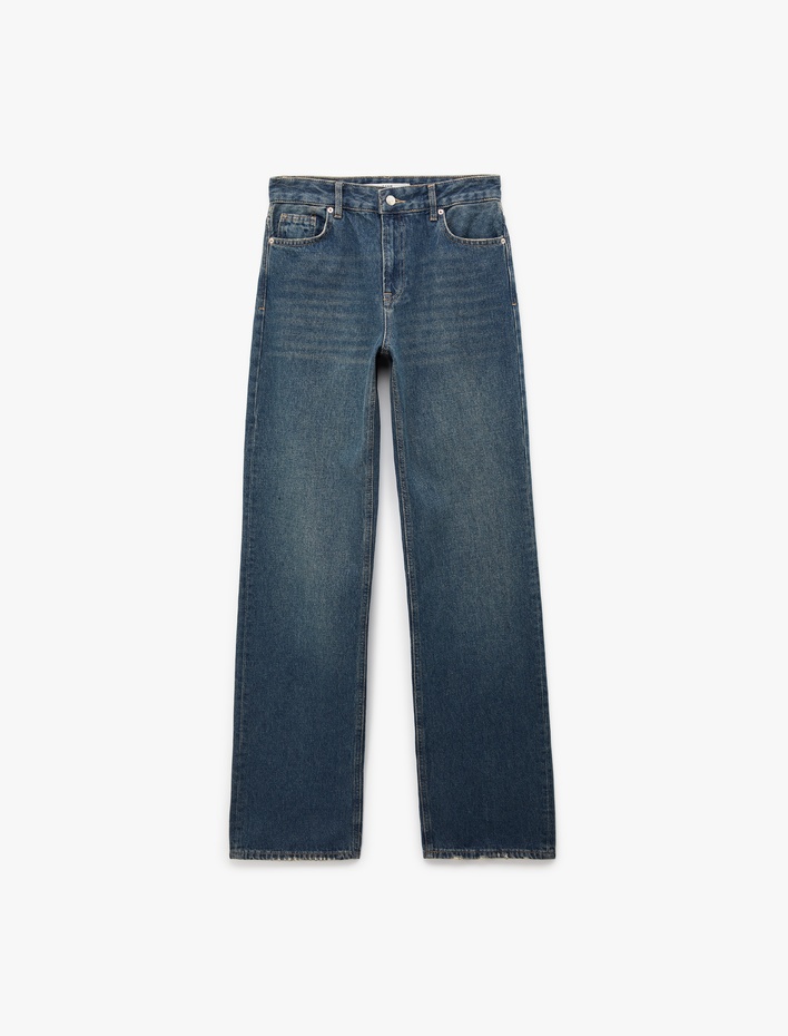  Normal Bel Straight Fit Pamuklu Duble Paça Denim Pantolon - Straight Fit Jean
