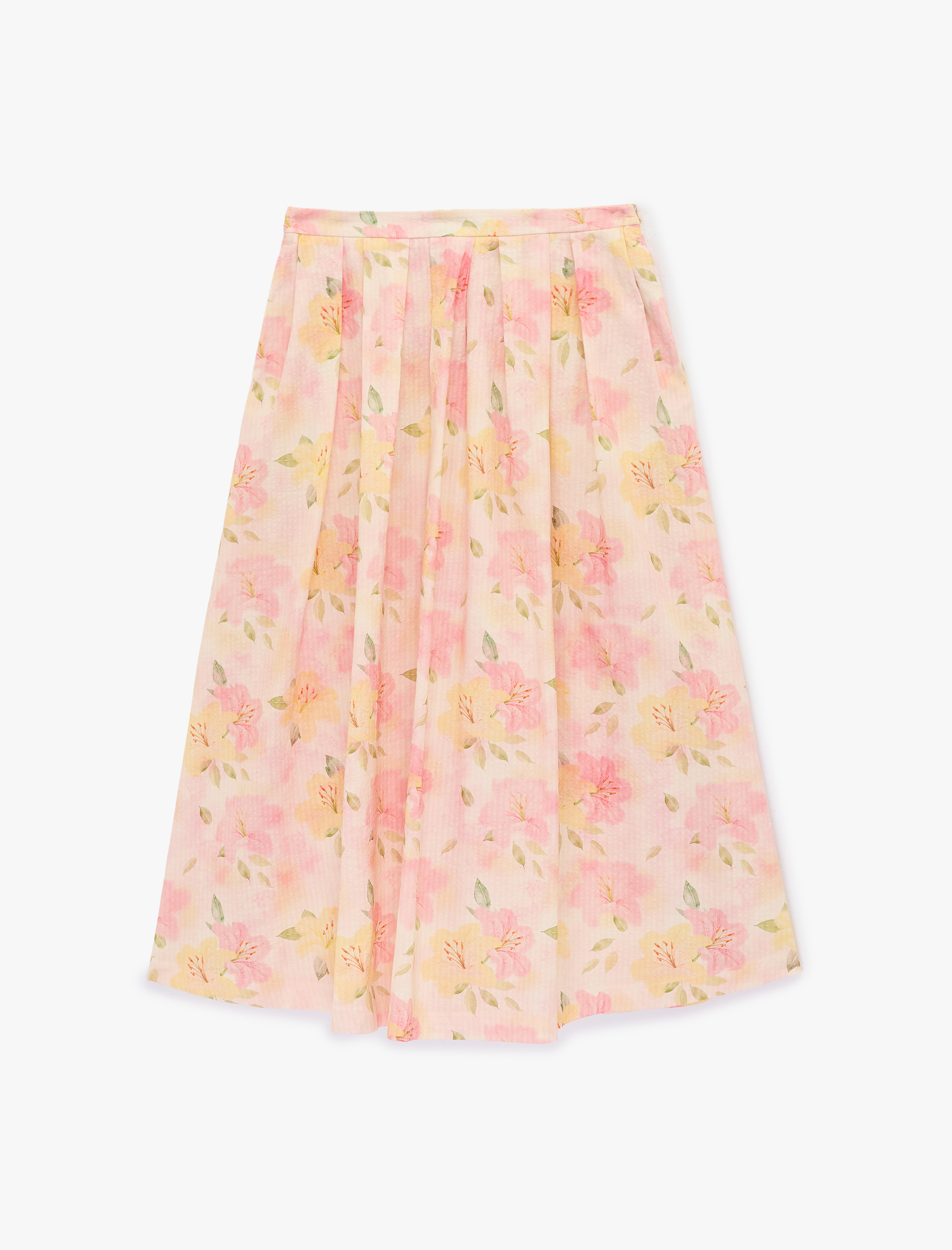   Pamuklu Pileli Çan Kesim Midi Çiçekli Etek