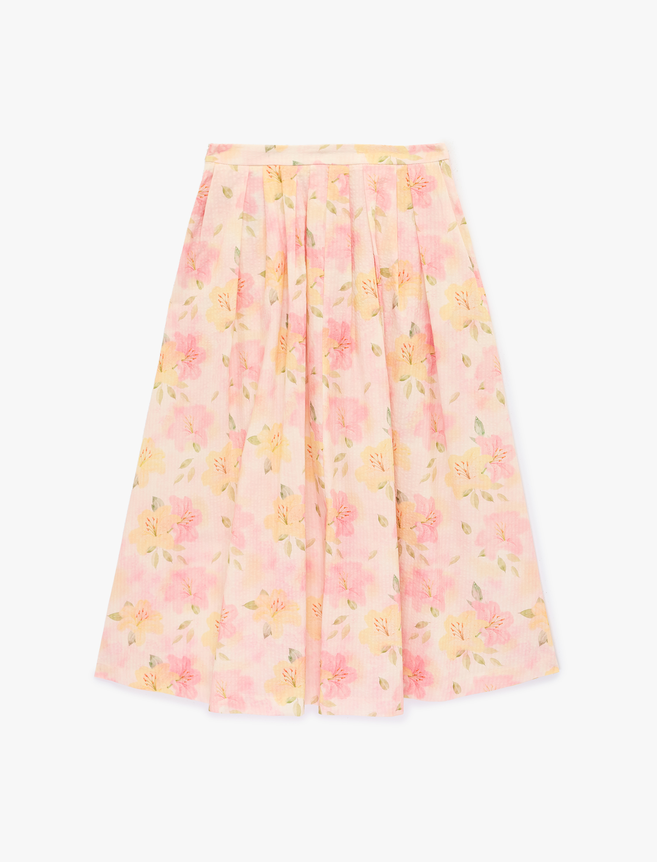   Pamuklu Pileli Çan Kesim Midi Çiçekli Etek