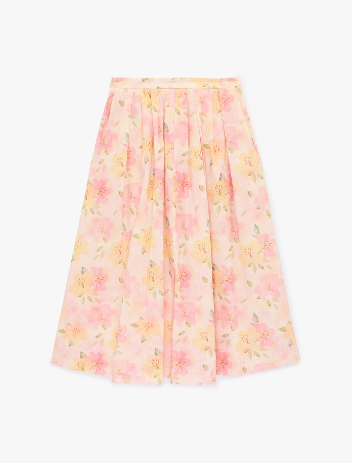  Pamuklu Pileli Çan Kesim Midi Çiçekli Etek