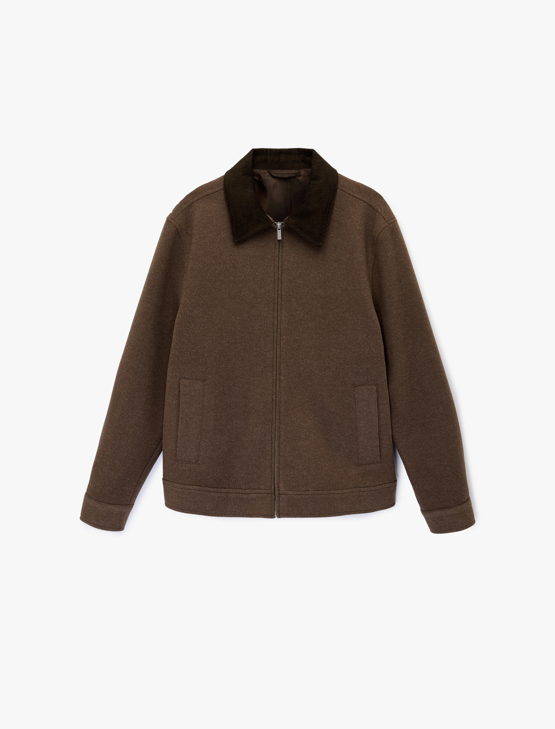   Regular Fit Uzun Kollu Cepli Fitilli Yaka Detaylı Fermuarlı Kaşe Ceket