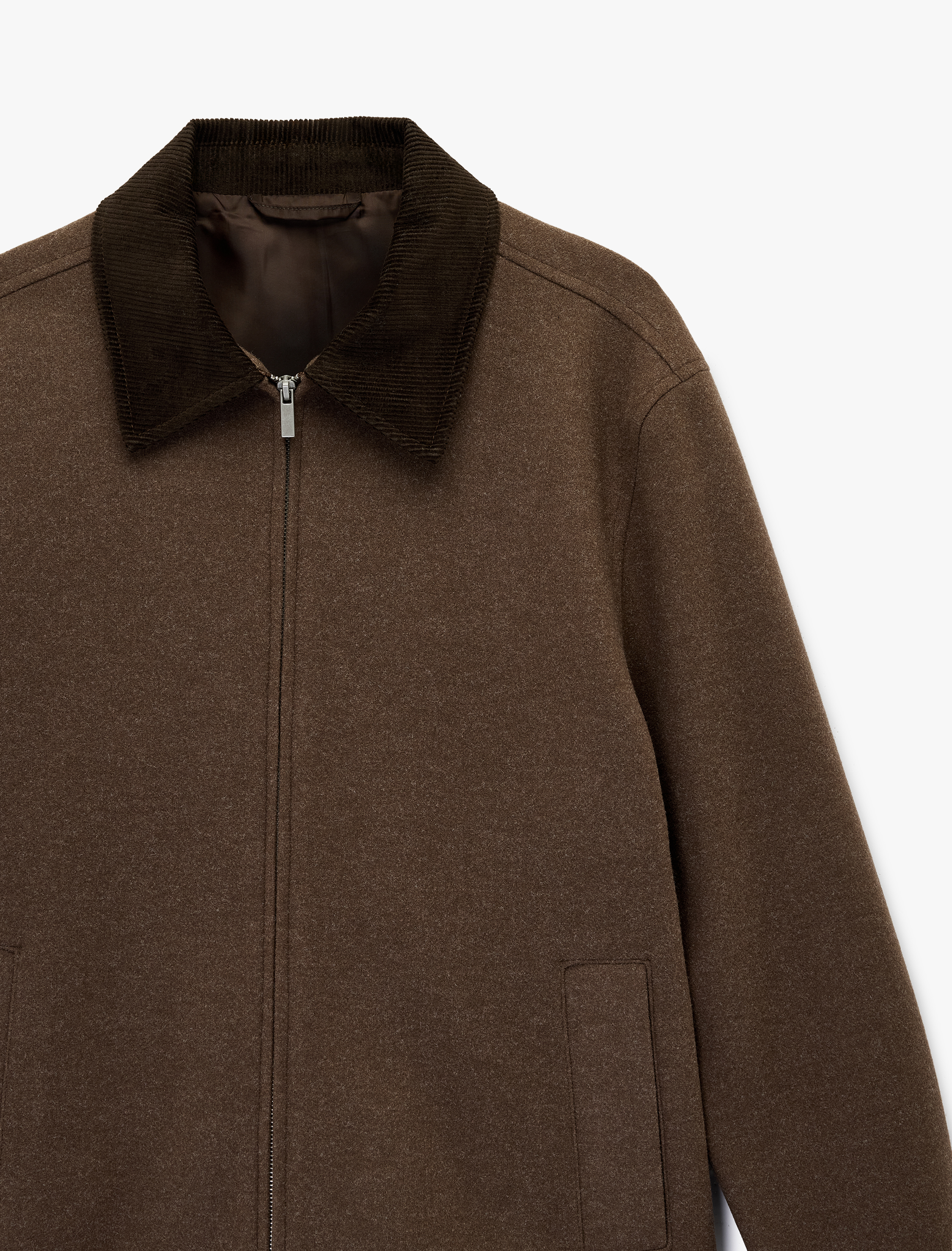   Regular Fit Uzun Kollu Cepli Fitilli Yaka Detaylı Fermuarlı Kaşe Ceket