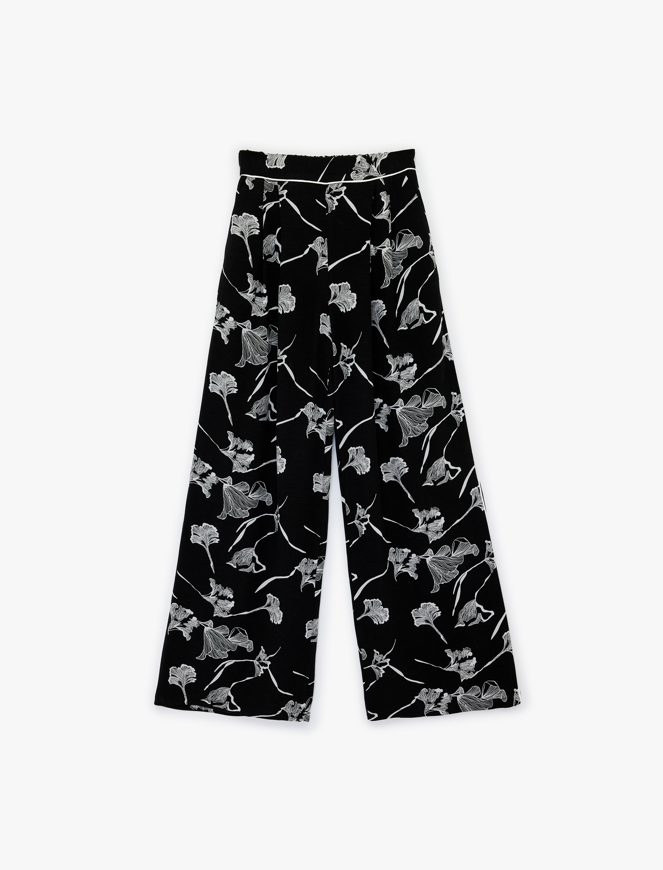   Viskon Keten Karışımlı Pile Detaylı Geniş Paça Çiçekli Pantolon