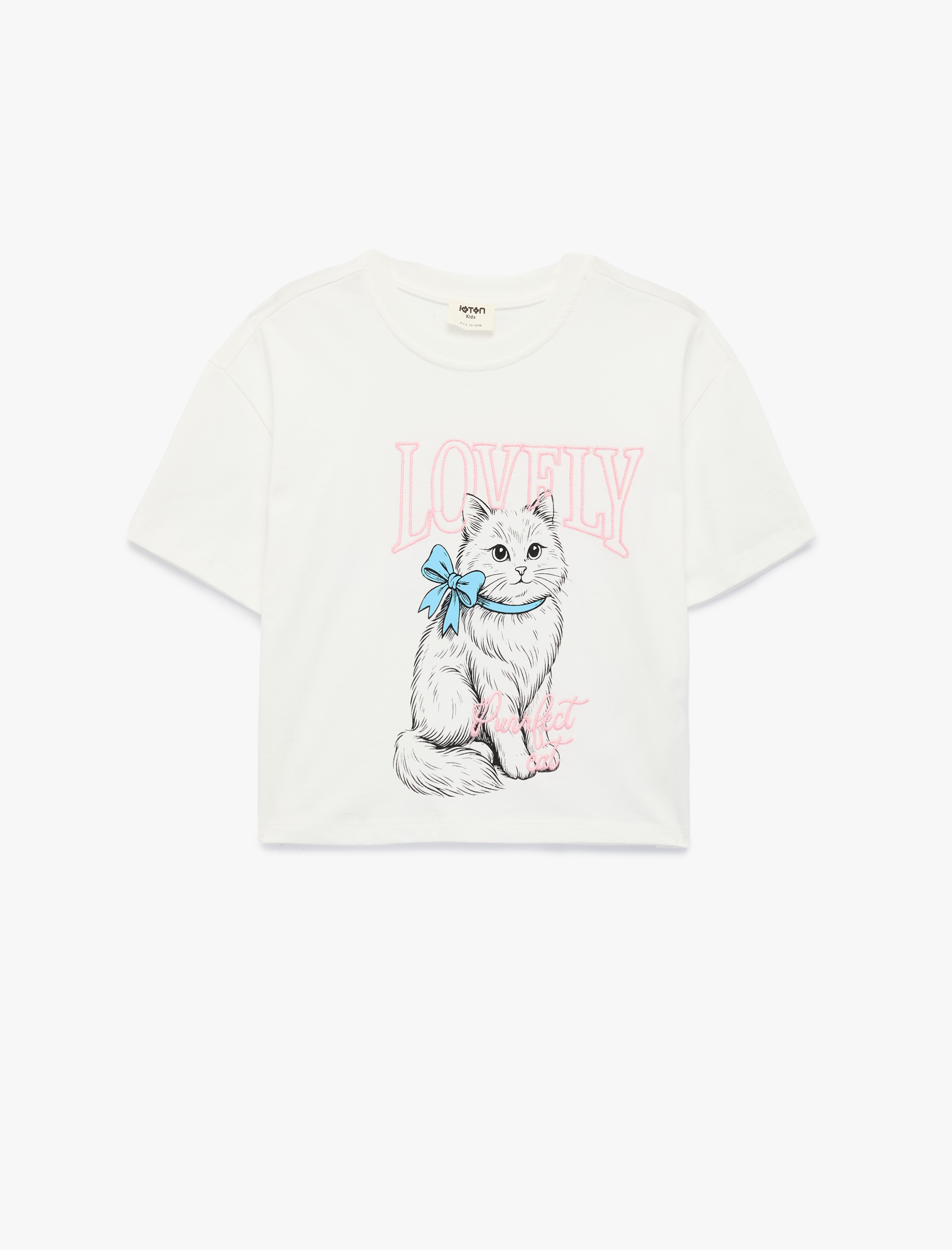  Kız Çocuk Bisiklet Yaka Kedi Nakışlı Kısa Kollu Pamuklu Tişört