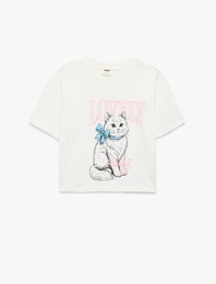 Bisiklet Yaka Kedi Nakışlı Kısa Kollu Pamuklu Tişört