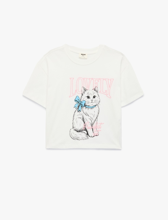 Kız Çocuk Bisiklet Yaka Kedi Nakışlı Kısa Kollu Pamuklu Tişört