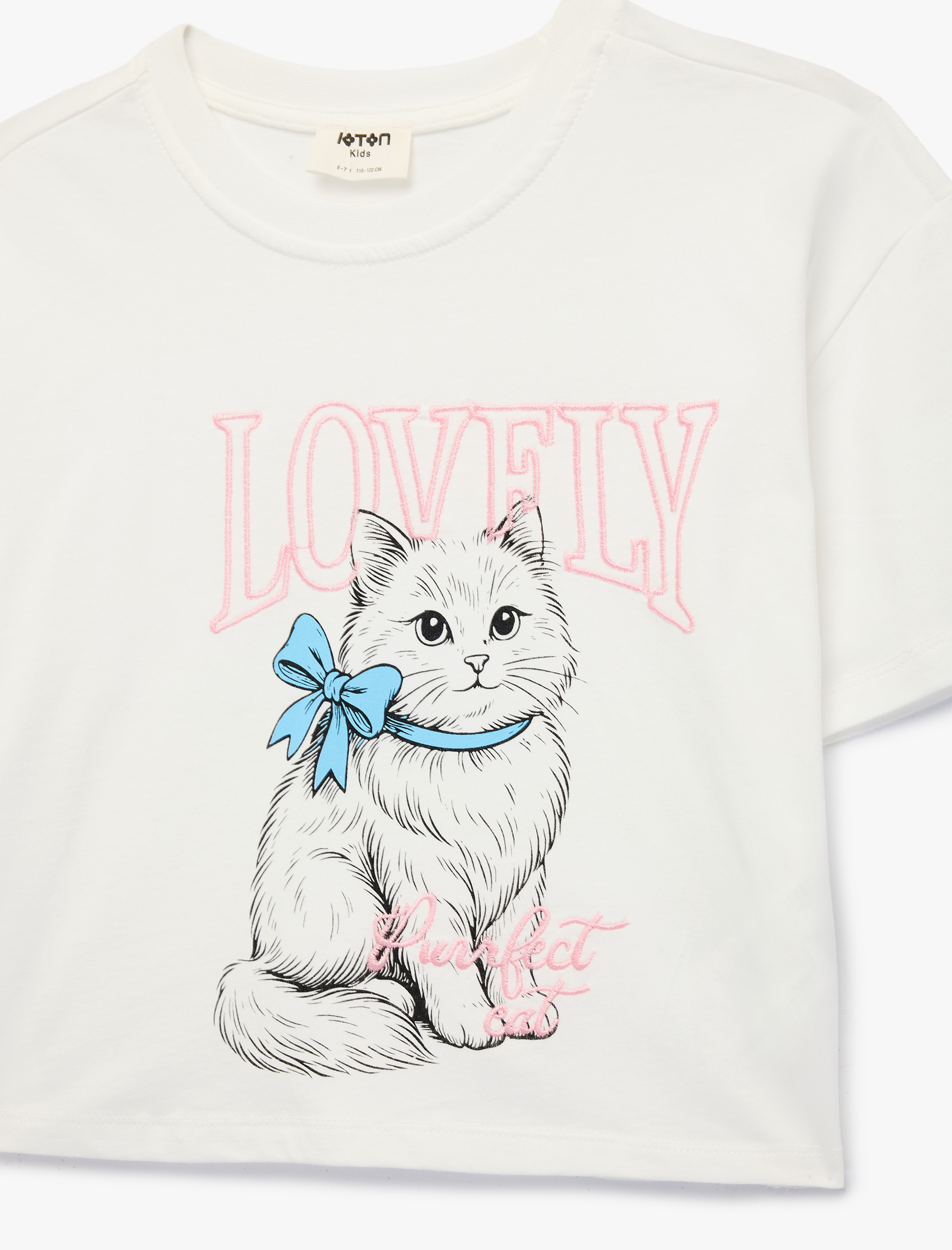  Kız Çocuk Bisiklet Yaka Kedi Nakışlı Kısa Kollu Pamuklu Tişört