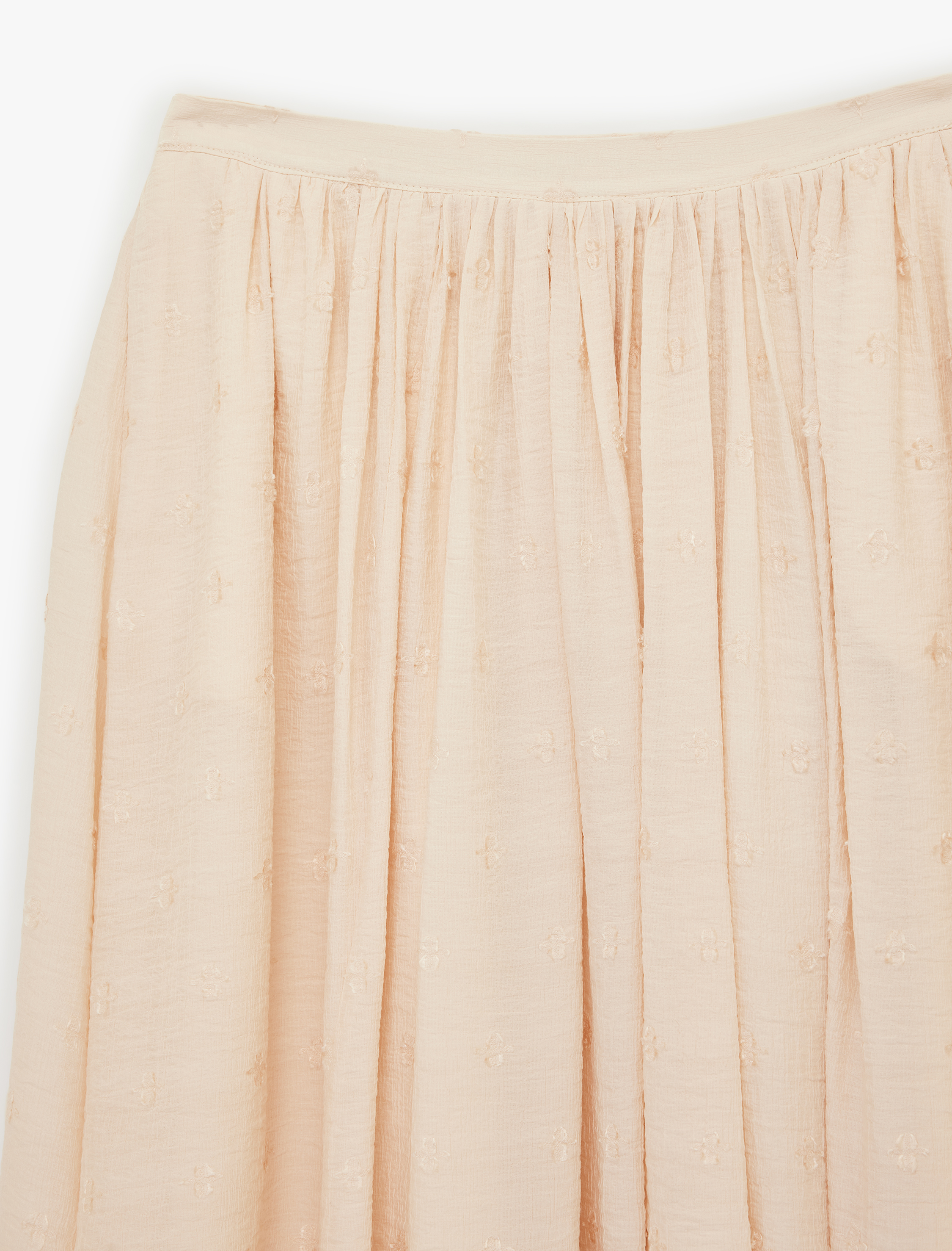   Viskon Kumaş Çiçek İşleme Detaylı Kloş Midi Etek