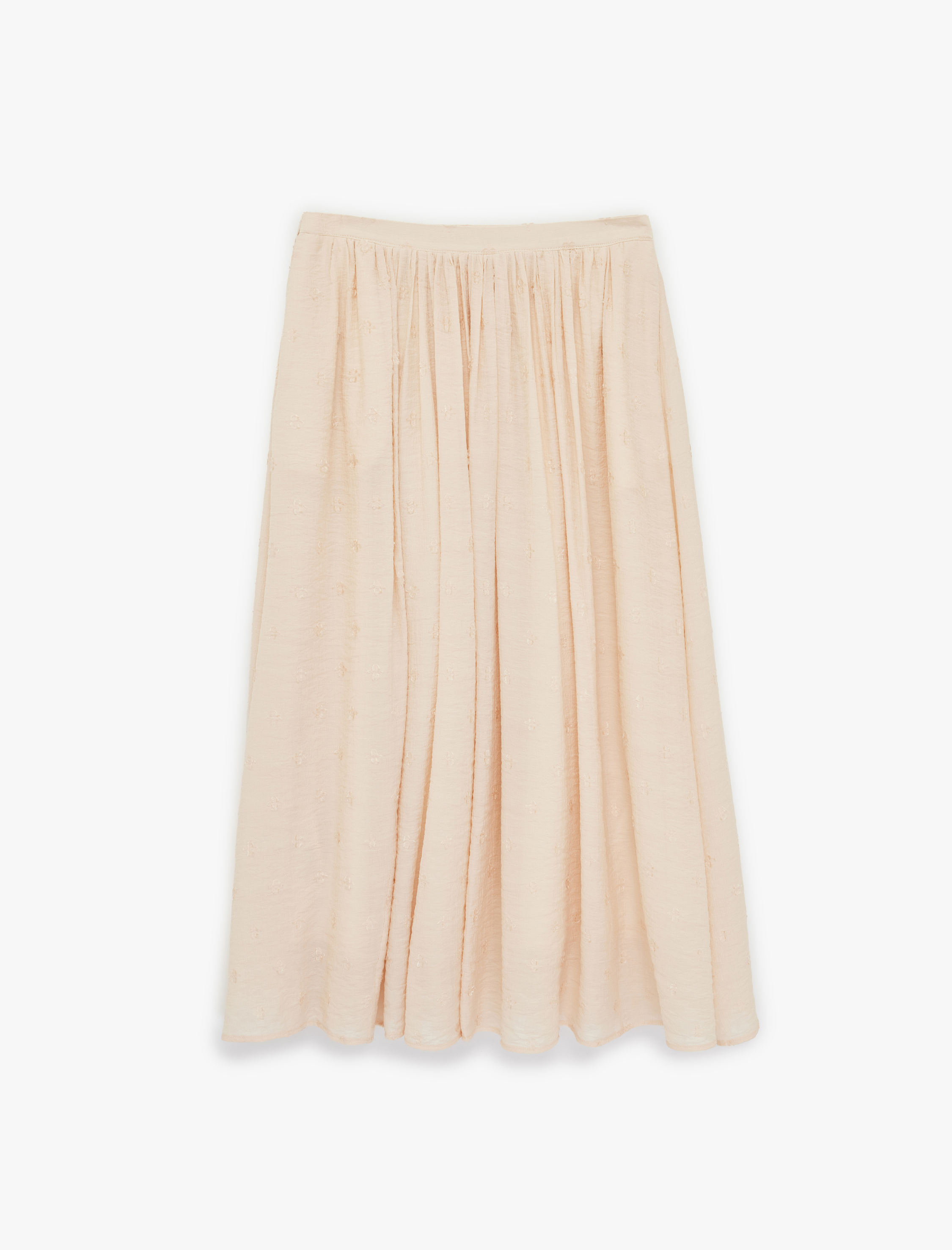   Viskon Kumaş Çiçek İşleme Detaylı Kloş Midi Etek