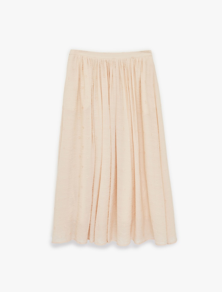  Viskon Kumaş Çiçek İşleme Detaylı Kloş Midi Etek