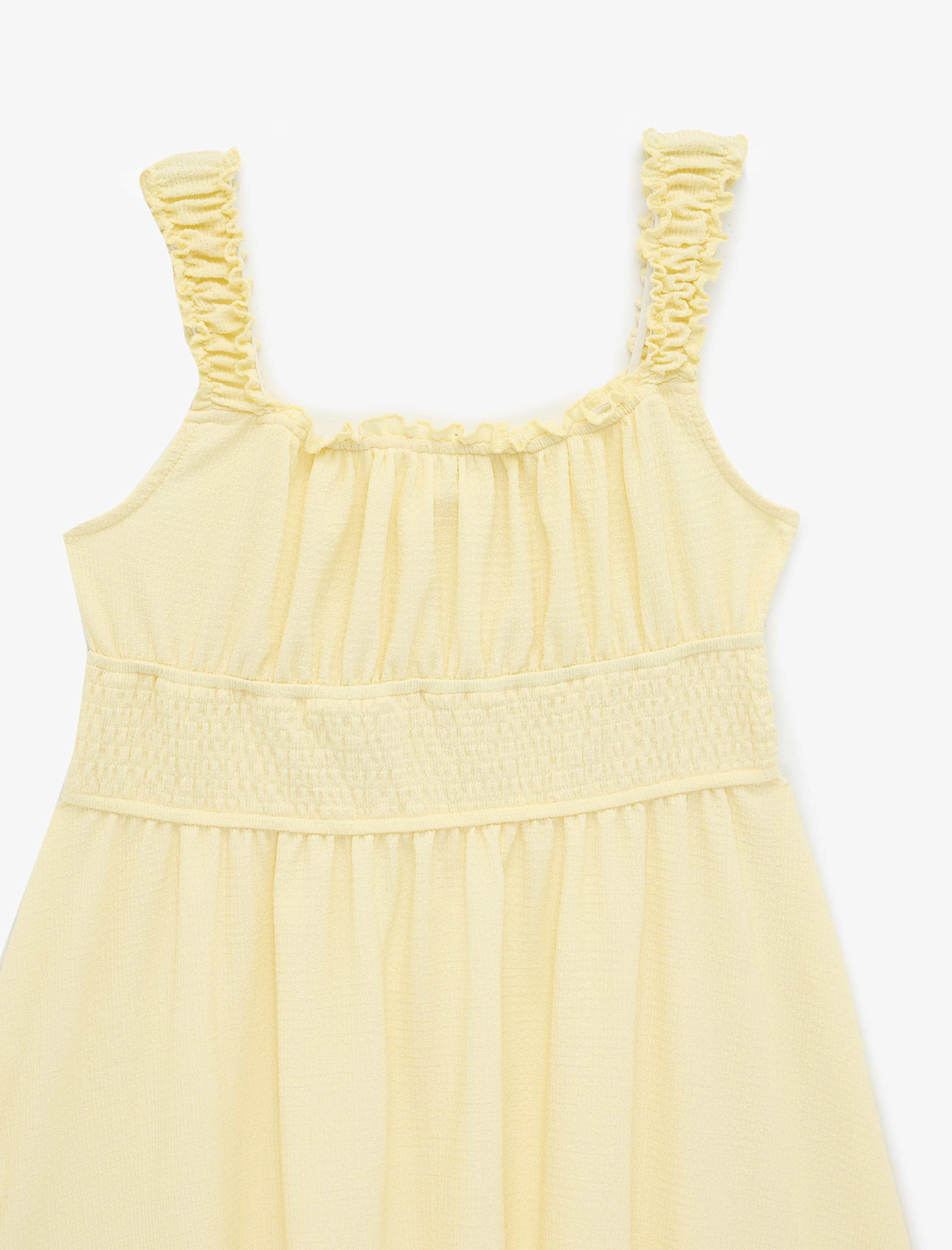  Kız Çocuk Gipeli Bürümcük Büzgülü Kare Yaka Askılı Elbise