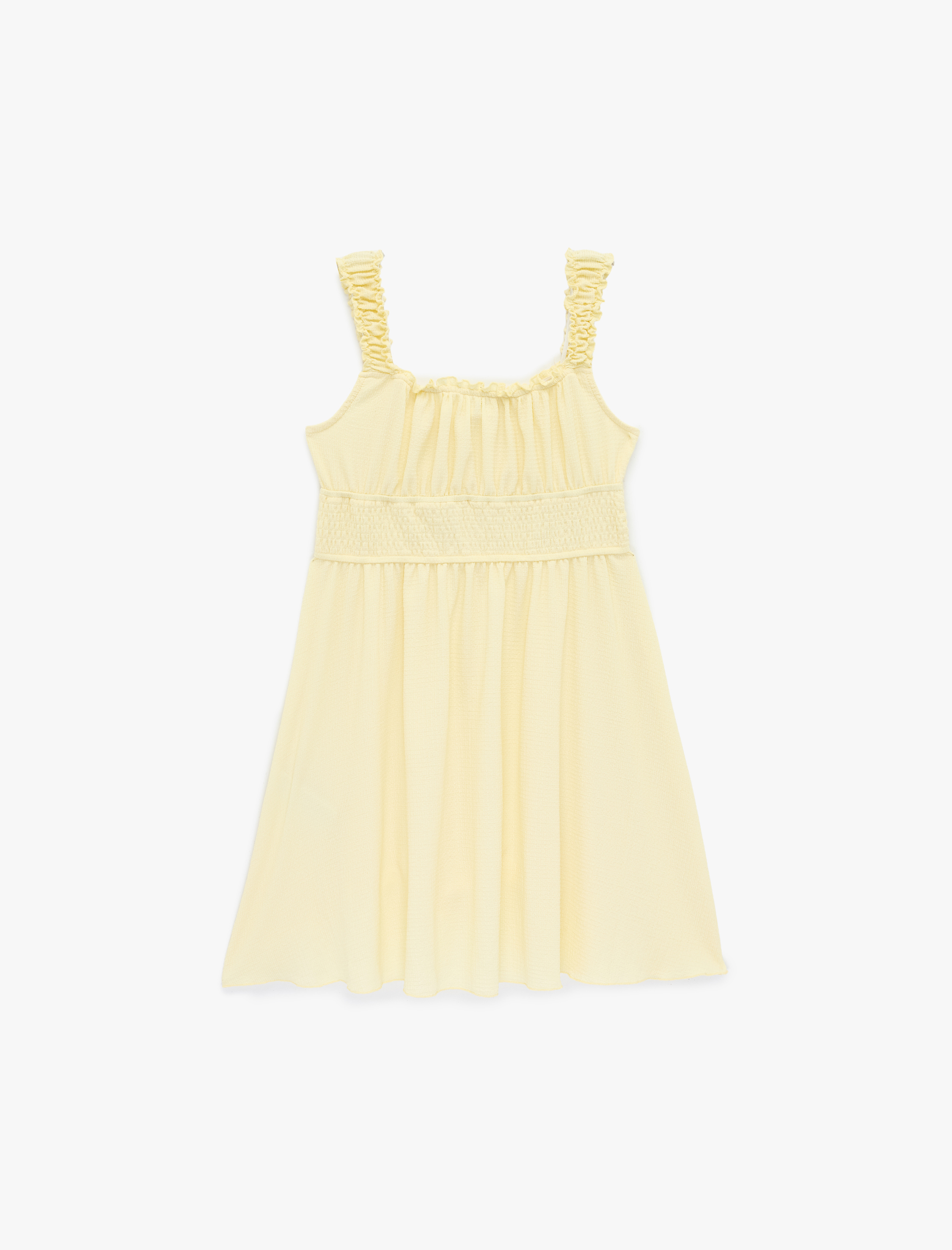  Kız Çocuk Gipeli Bürümcük Büzgülü Kare Yaka Askılı Elbise