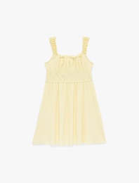 Gipeli Bürümcük Büzgülü Kare Yaka Askılı Elbise