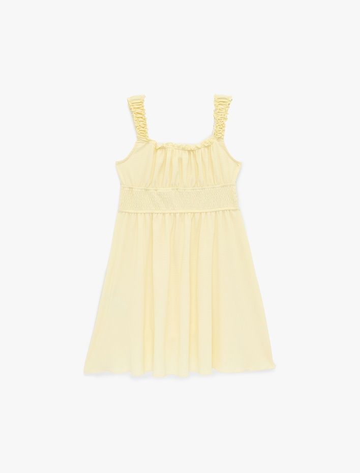 Kız Çocuk Gipeli Bürümcük Büzgülü Kare Yaka Askılı Elbise