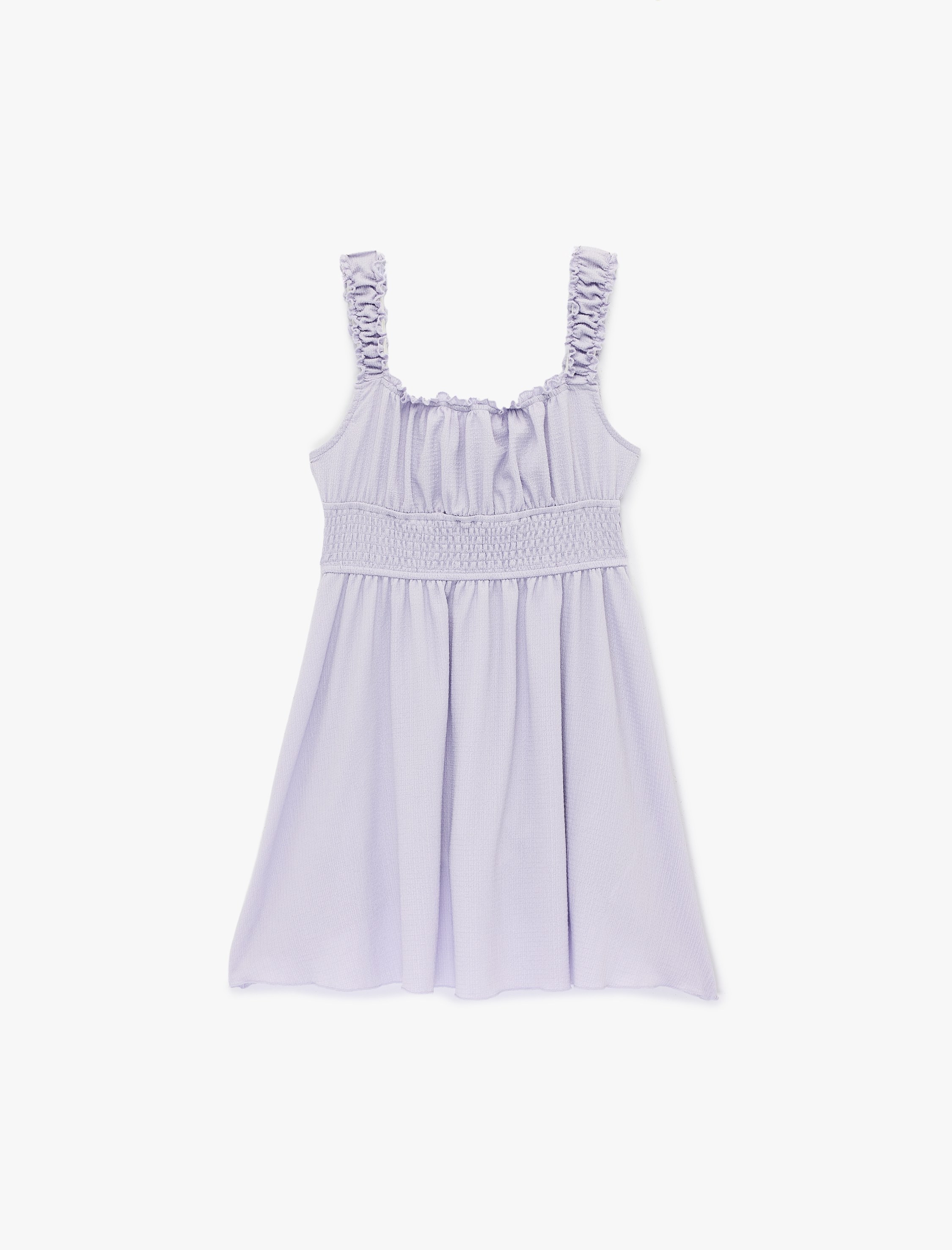  Kız Çocuk Gipeli Bürümcük Büzgülü Kare Yaka Askılı Elbise