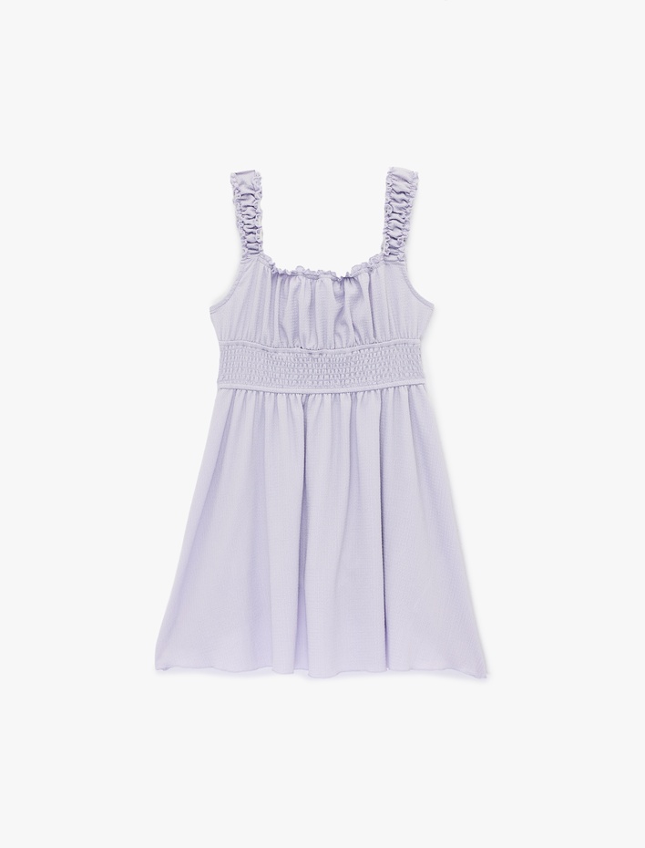 Kız Çocuk Gipeli Bürümcük Büzgülü Kare Yaka Askılı Elbise