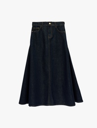 Pamuklu Düğmeli Volanlı Uzun Denim Etek