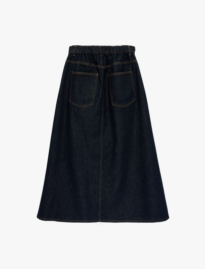  Pamuklu Düğmeli Volanlı Uzun Denim Etek