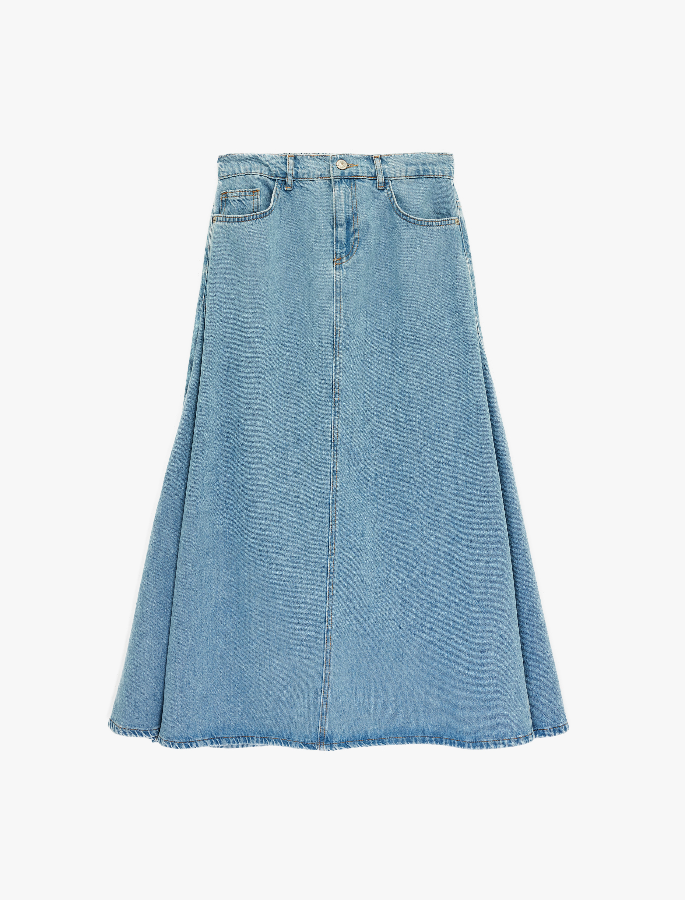   Pamuklu Düğmeli Volanlı Uzun Denim Etek