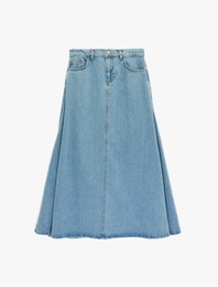 Pamuklu Düğmeli Volanlı Uzun Denim Etek