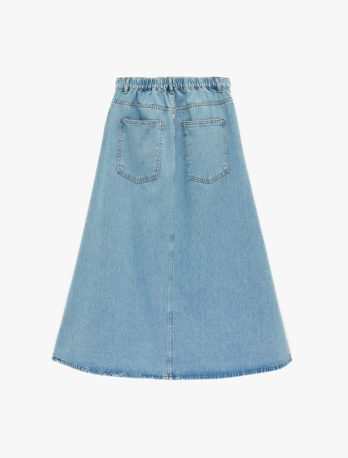  Pamuklu Düğmeli Volanlı Uzun Denim Etek