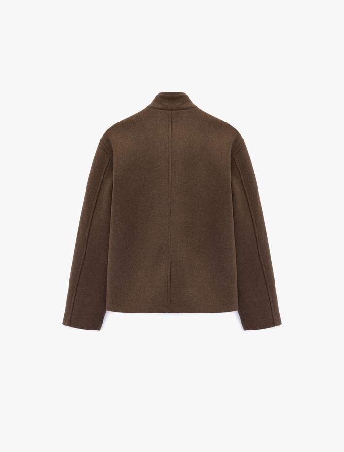  Uzun Kollu Fermuarlı Dik Yaka Kaşe Ceket