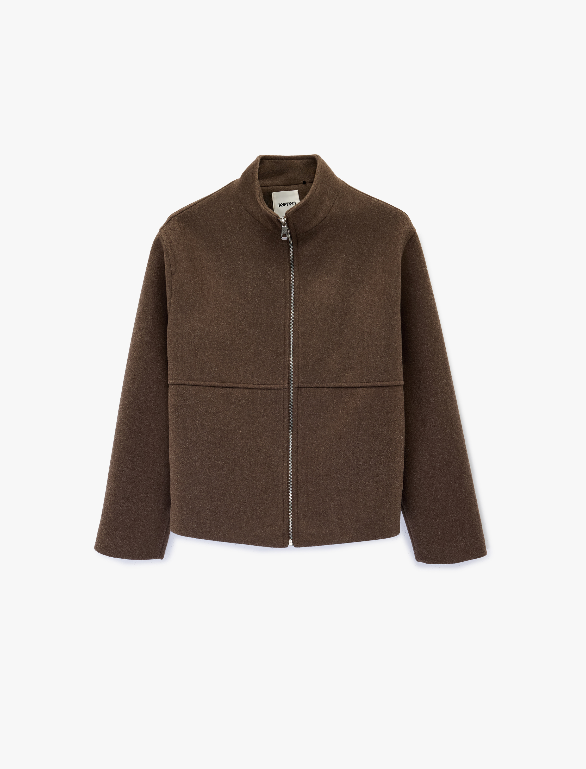   Uzun Kollu Fermuarlı Dik Yaka Kaşe Ceket