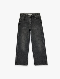 Geniş Paça Düğmeli Pamuklu Denim Pantolon - Wide Leg Jeans