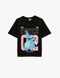 Stitch Lisanslı Kısa Kollu Bisiklet Yaka Oversize Baskılı Tişört