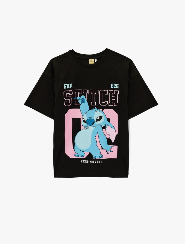  Stitch Lisanslı Kısa Kollu Bisiklet Yaka Oversize Baskılı Tişört