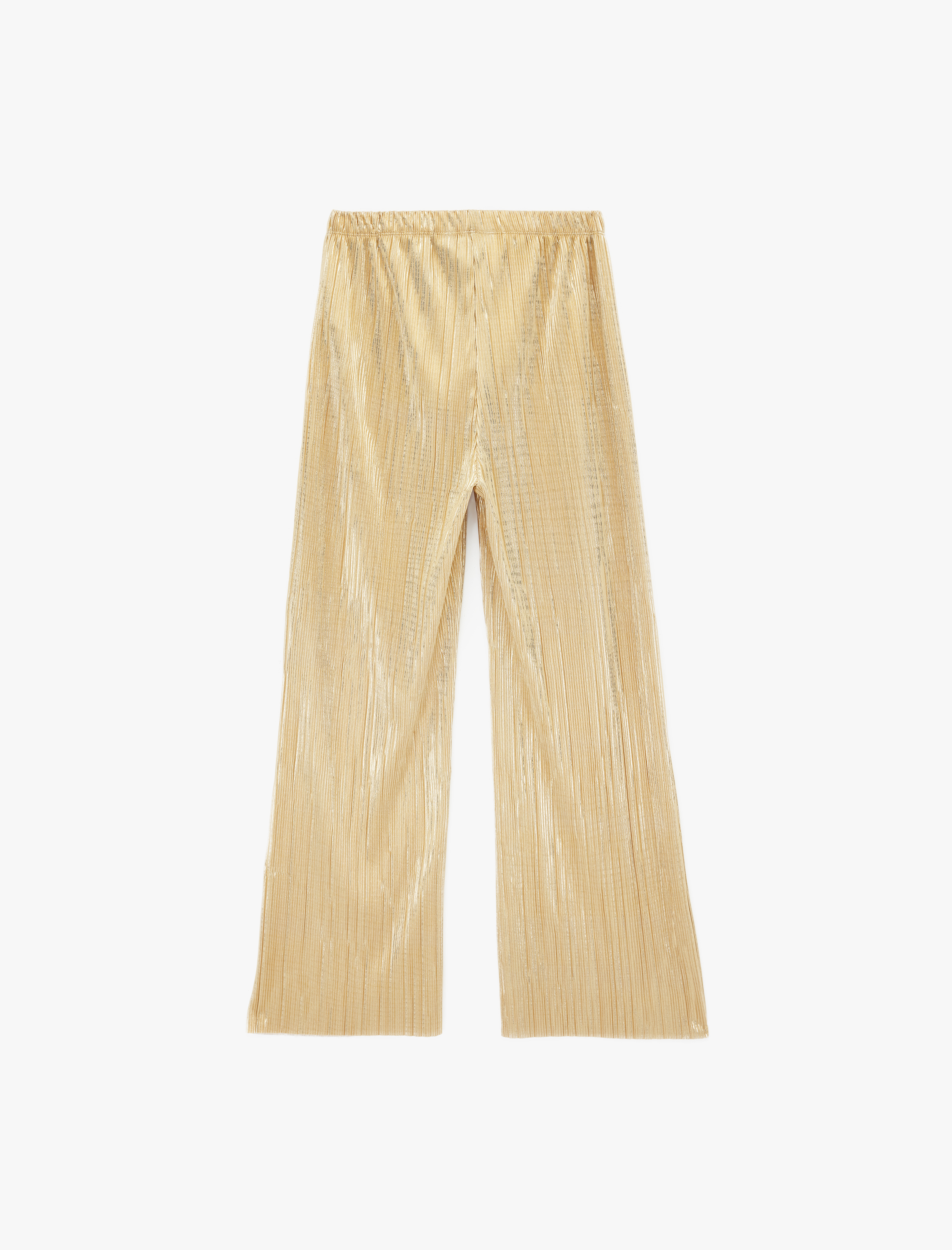   Yüksek Bel Piliseli Parlak Geniş Paça Pantolon