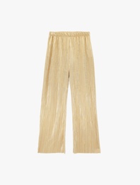 Yüksek Bel Piliseli Parlak Geniş Paça Pantolon