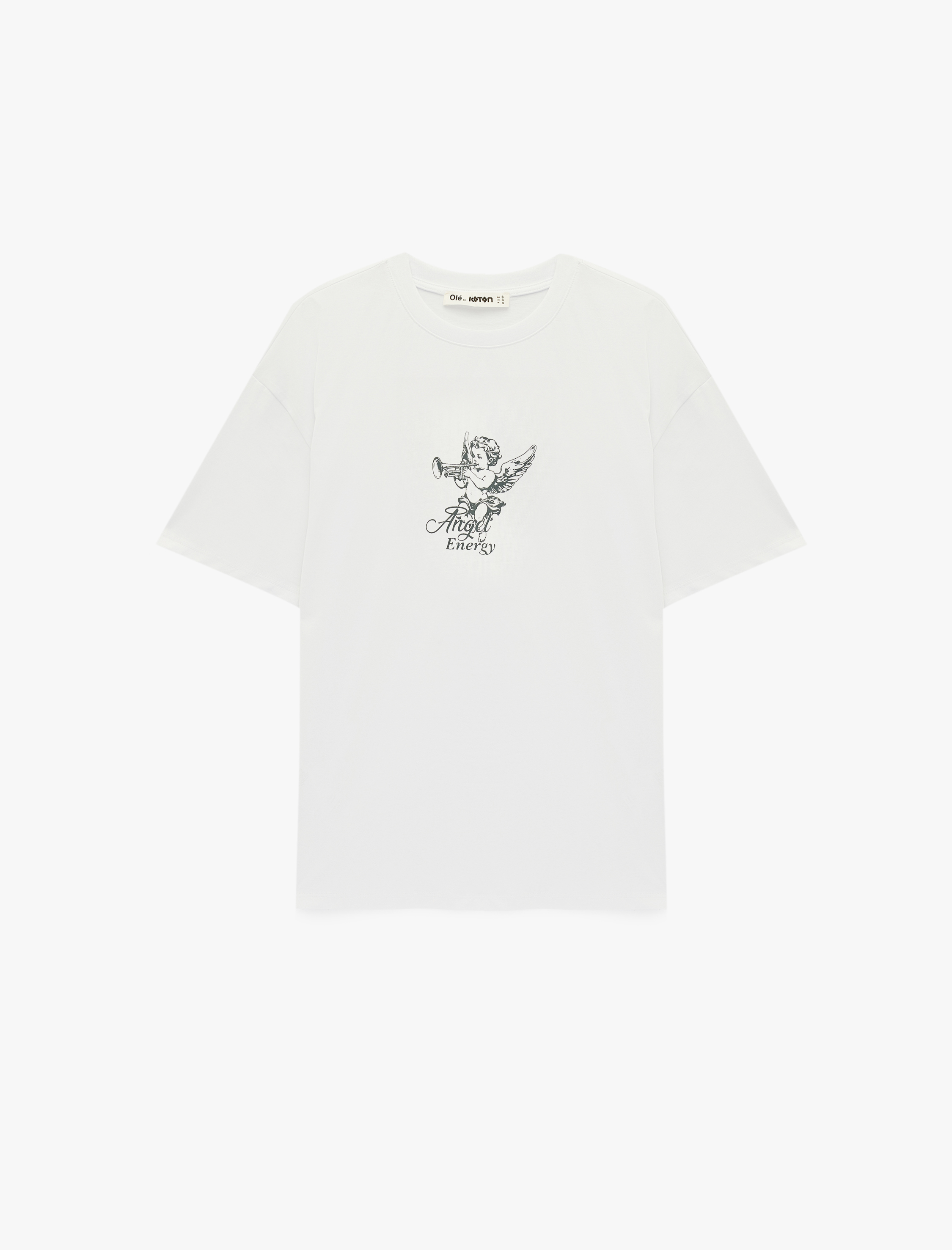   Pamuklu Kısa Kollu Bisiklet Yaka Arkası Baskılı Oversize Tişört