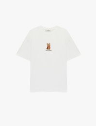 Kısa Kollu Bisiklet Yaka Köpek Nakışlı Pamuklu Oversize Tişört