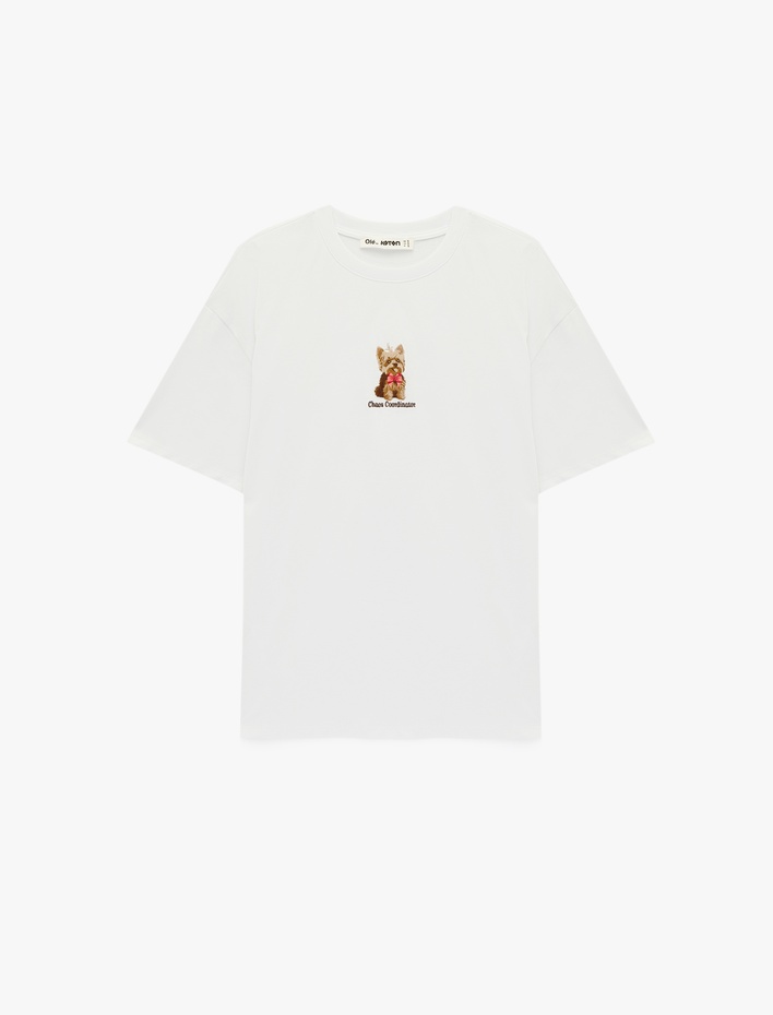  Kısa Kollu Bisiklet Yaka Köpek Nakışlı Pamuklu Oversize Tişört