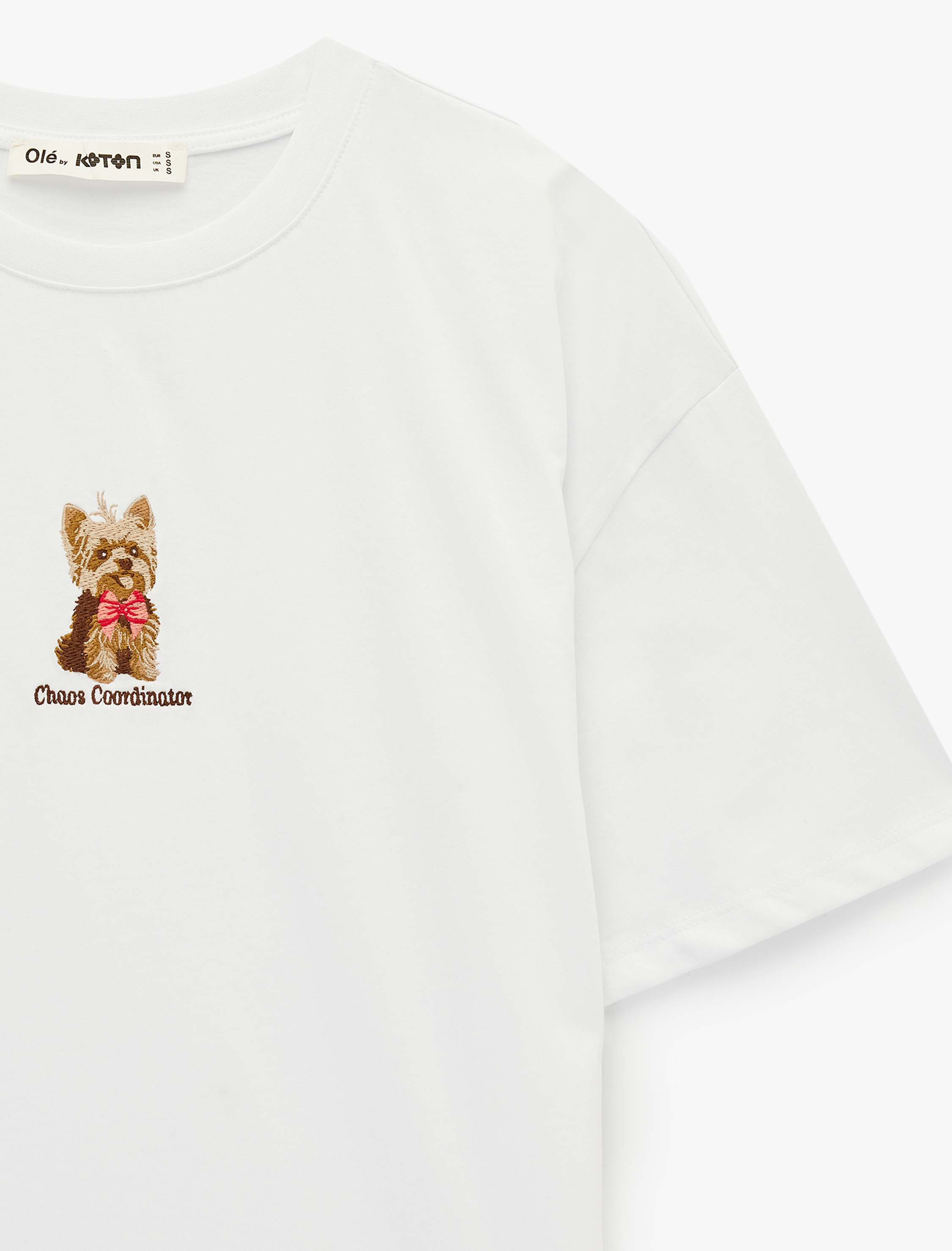   Kısa Kollu Bisiklet Yaka Köpek Nakışlı Pamuklu Oversize Tişört