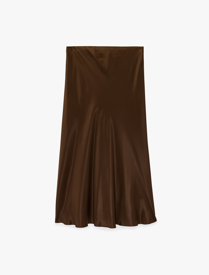  Viskon Kumaş Midi Saten Kloş Etek