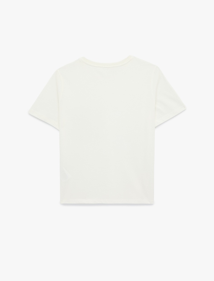  Nakışlı Cep Detaylı Kısa Kollu Bisiklet Yaka Pamuklu Tişört