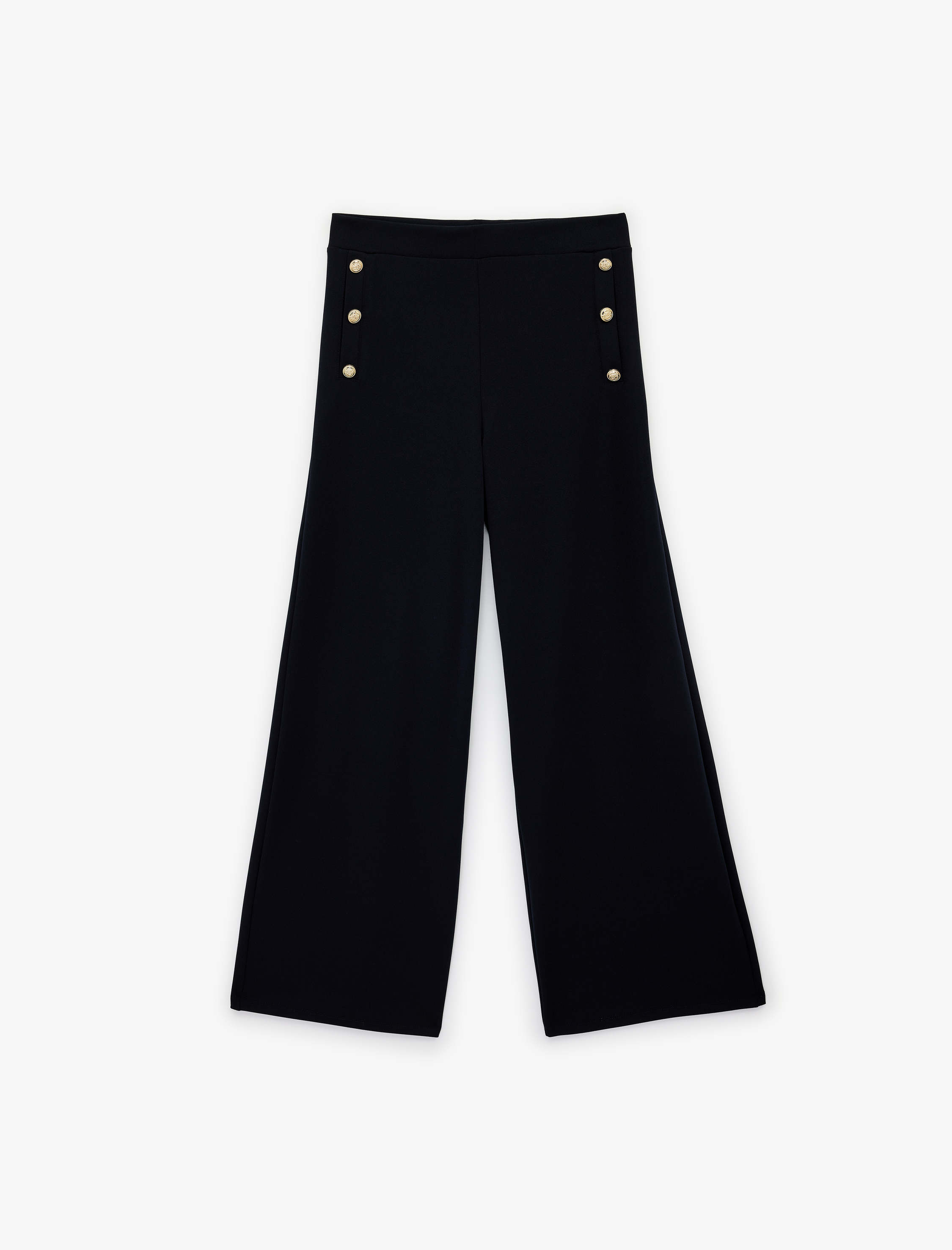   Krep Scuba Aksesuar Düğme Detaylı Geniş Paça Pantolon