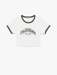 Slim Fit Biyeli Kısa Kollu Bisiklet Yaka Pamuklu Baskılı Tişört