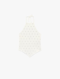 Asimetrik Kesim Taş Detaylı Kolsuz Halter Yaka Atlet