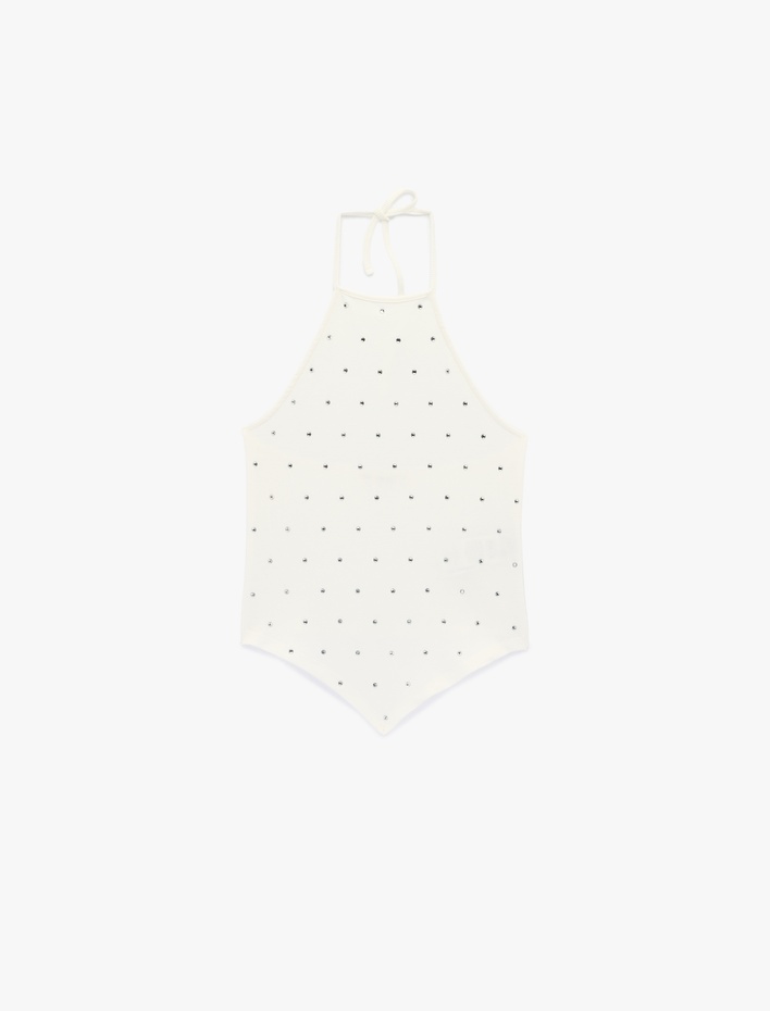  Asimetrik Kesim Taş Detaylı Kolsuz Halter Yaka Atlet