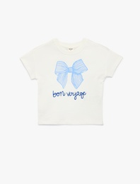 Fiyonk Baskılı Kısa Kollu Bisiklet Yaka Pamuklu Tişört