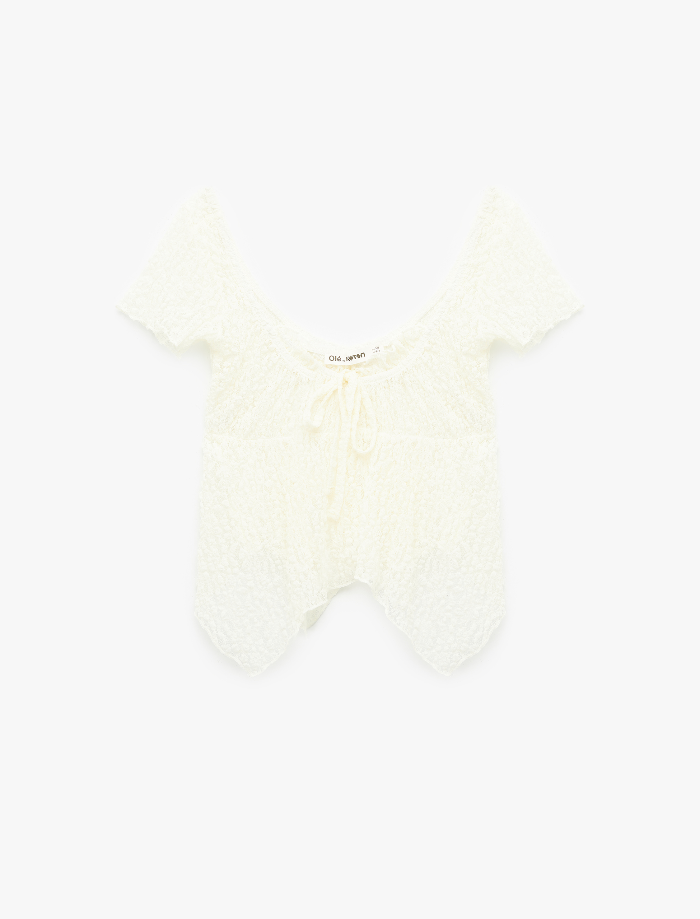   Bağcık Detaylı Asimetrik U Yaka Kısa Kollu Dantel Bluz