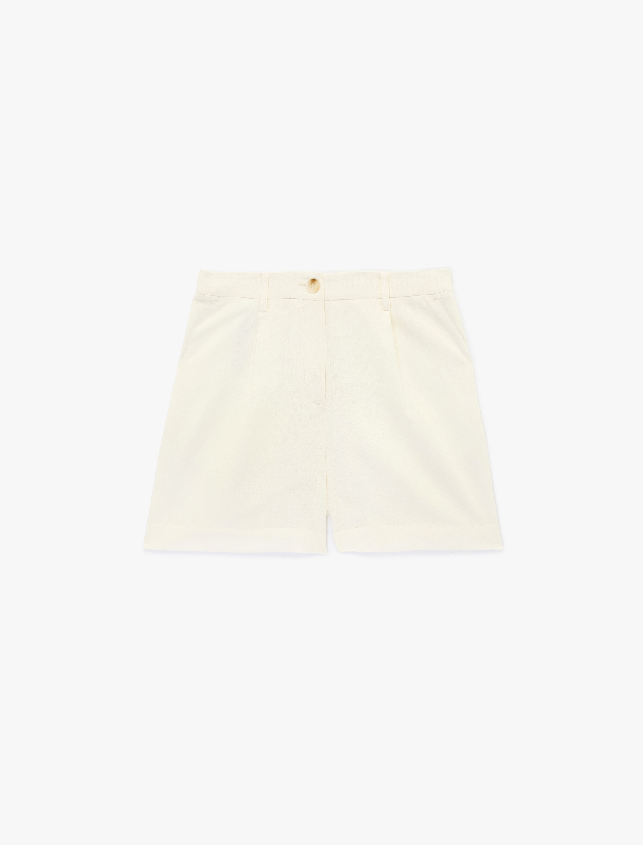   Cep Detaylı Yüksek Bel Düğmeli Keten Karışımlı Bermuda Şort