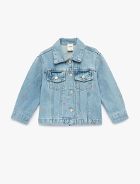 Pamuklu Uzun Kollu Fiyonk İşlemeli Cepli Denim Ceket