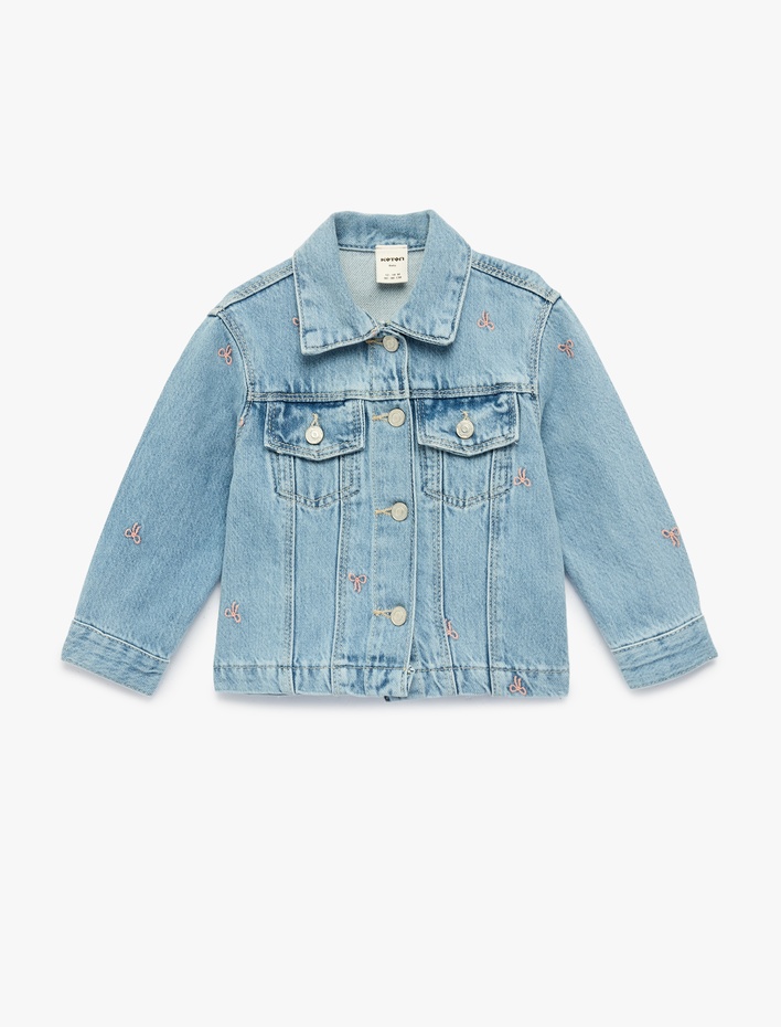 Kız Bebek Pamuklu Uzun Kollu Fiyonk İşlemeli Cepli Denim Ceket