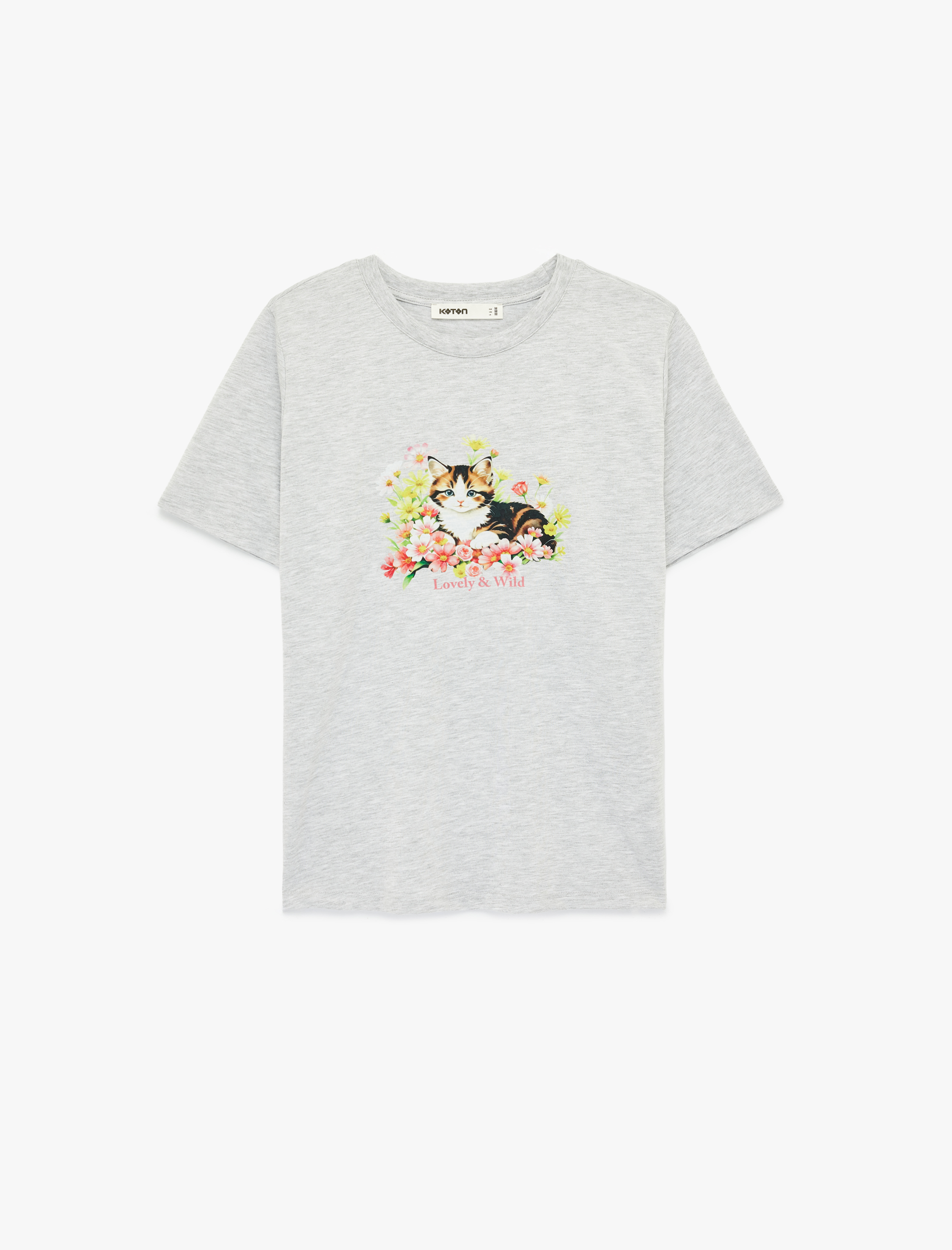   Kısa Kollu Bisiklet Yaka Kedi Baskılı Tişört